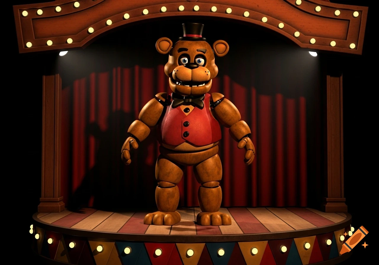 An animatronic bear resembling Freddy Fazbear stands on a lit stage with red curtains in the background, wearing a red vest and black bowtie. The bear's blue eyes are slightly misaligned.