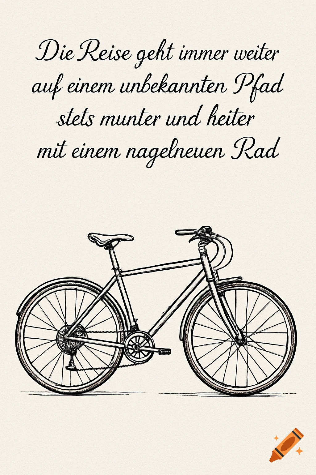 A minimalist black and white line art drawing of a bicycle on an off-white background, with a German poem in script font above it.