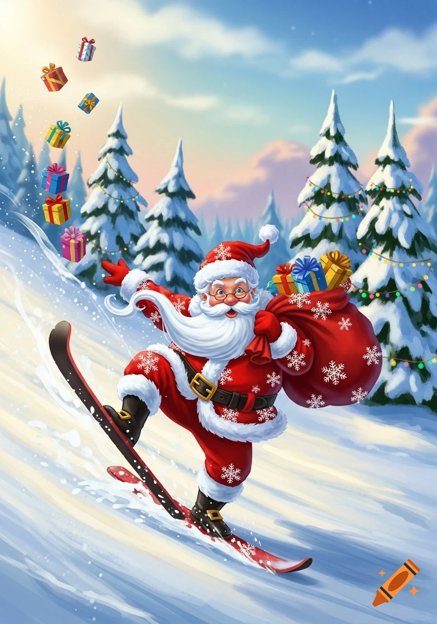 Cartoon Santa Claus skis down a snowy slope, holding a gift bag, with presents flying and snow-covered trees.