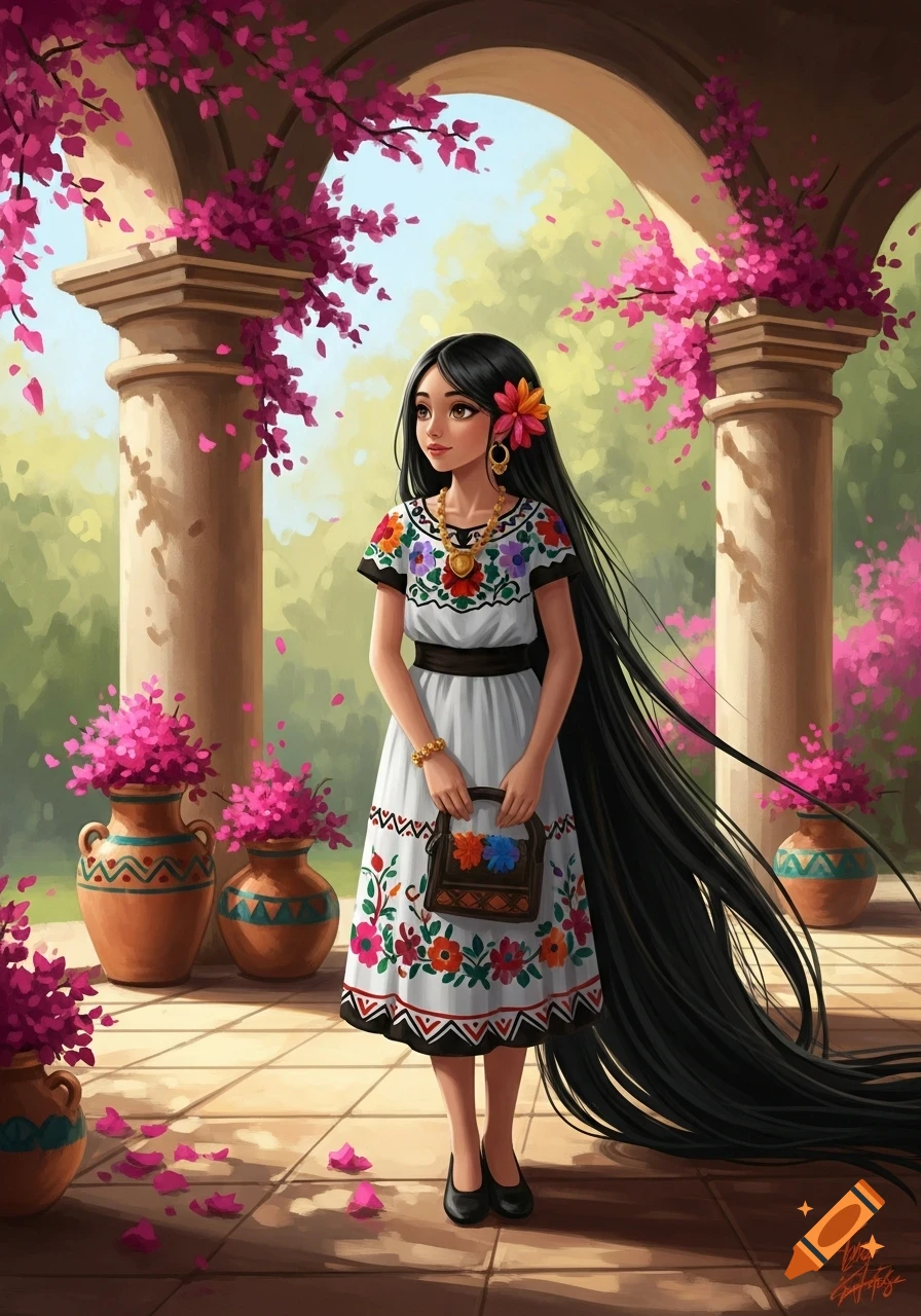 A stylized digital painting of a slender Mexican girl with long black hair, wearing a white embroidered dress, standing in a floral archway.