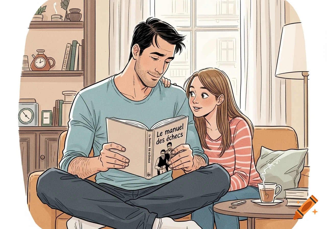 Cartoon illustration of a man reading a chess book with a woman looking over his shoulder in a cozy living room.