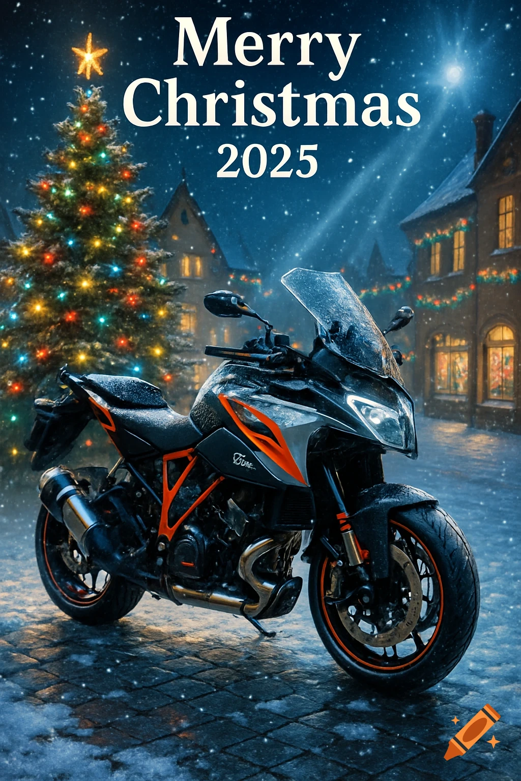 A black and orange motorcycle parked on a snowy street in a festive village, beside a decorated Christmas tree. 'Merry Christmas 2025' text.