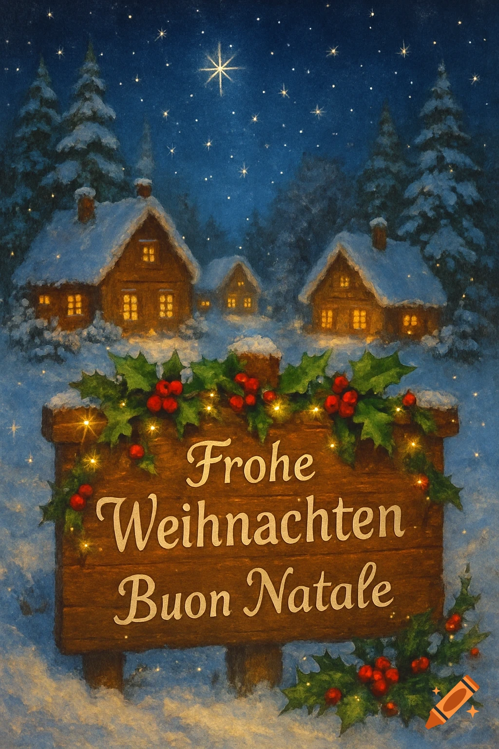 Painted winter village at night, snow-covered houses, pine trees, starry sky. Wooden sign with holly reads 'Frohe Weihnachten Buon Natale'.