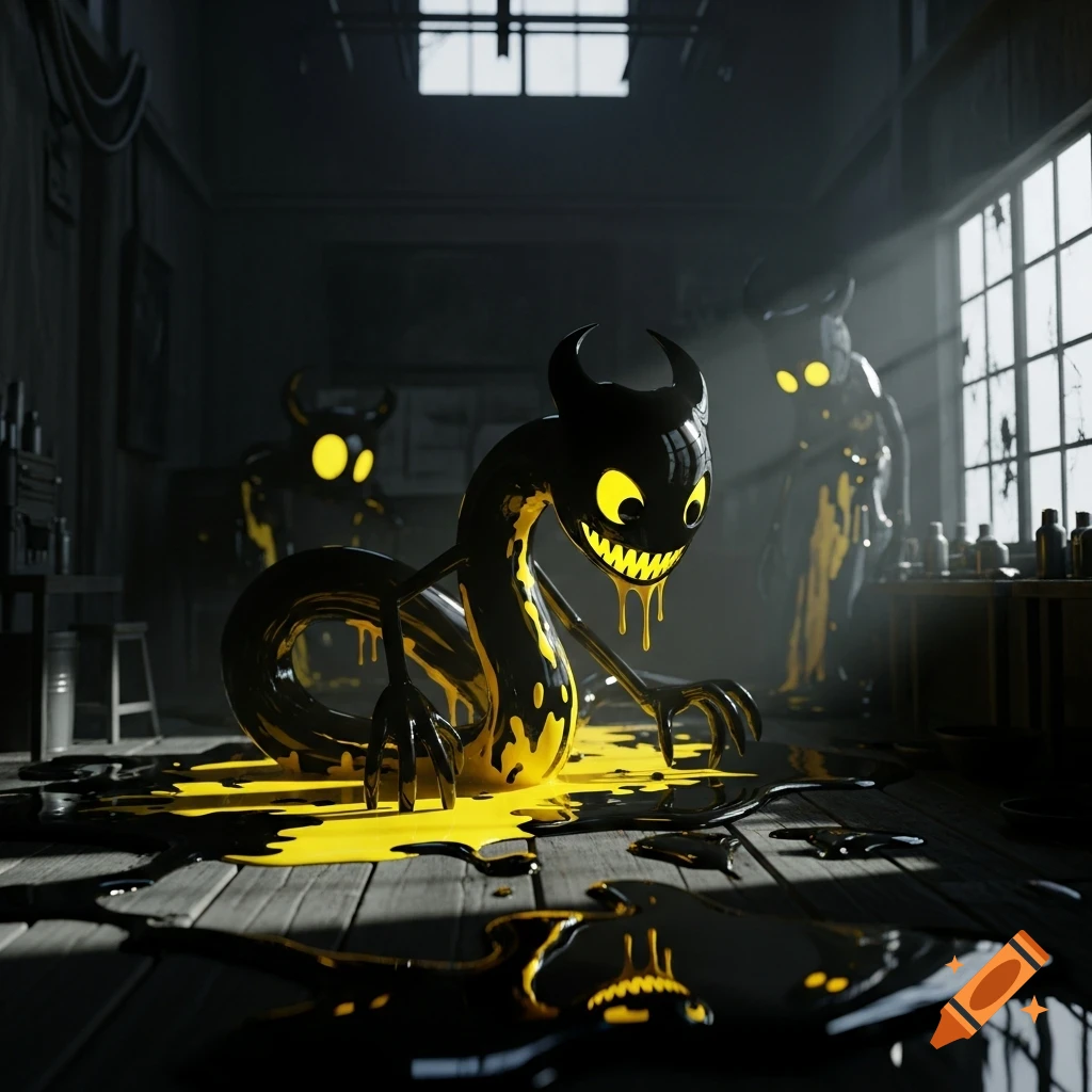 A creepy black and yellow ink demon with glowing eyes and sharp teeth rises from a puddle of ink in a dark workshop, with two more demons behind it.