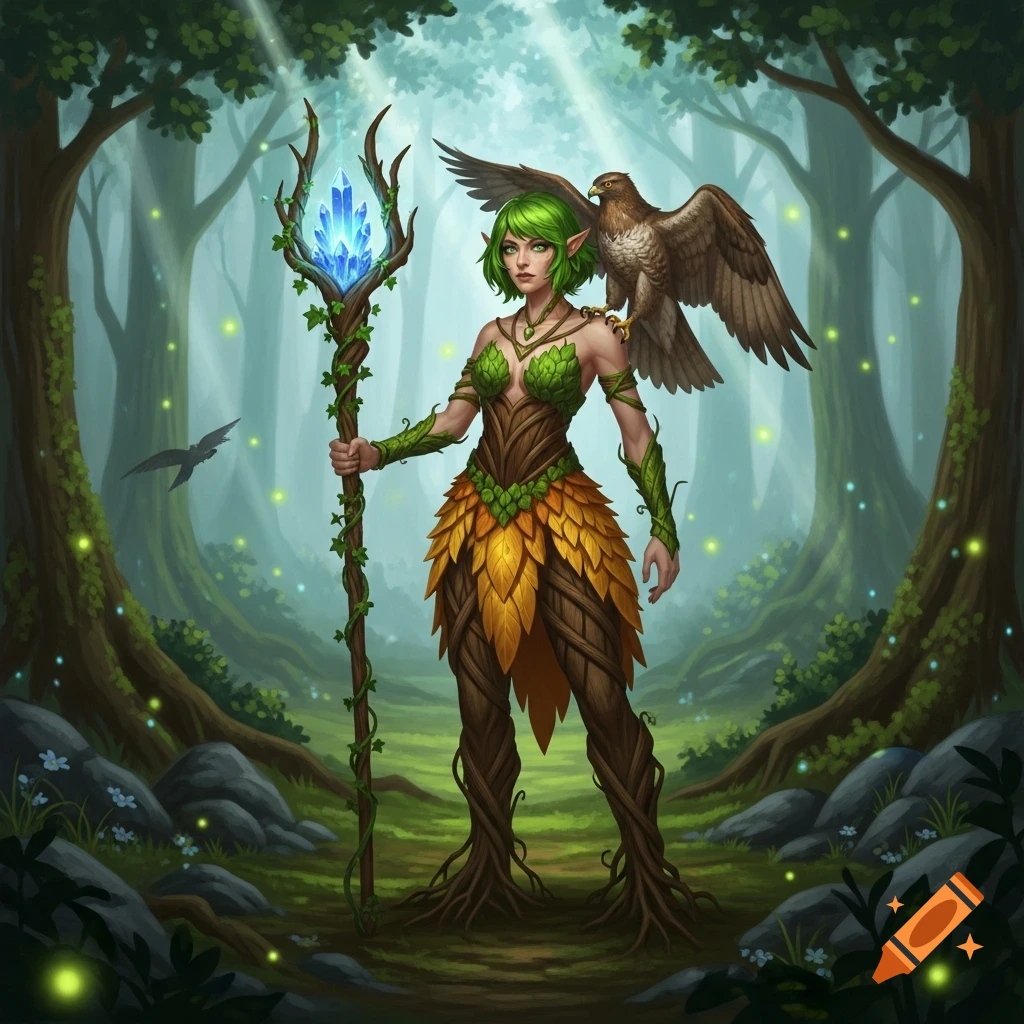 A female earth genasi druid with green hair, wearing leaf and bark attire, holds a glowing staff in a magical forest with a hawk on her shoulder.