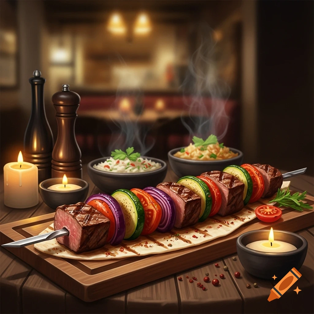 A close-up, photorealistic shot of a grilled meat and vegetable kebab on a skewer, served on flatbread with rice and candles in a cozy restaurant setting.