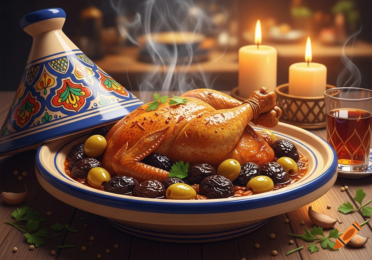 Photorealistic image of a steaming Moroccan chicken tagine with olives and prunes, served on a decorated dish with candles and tea.