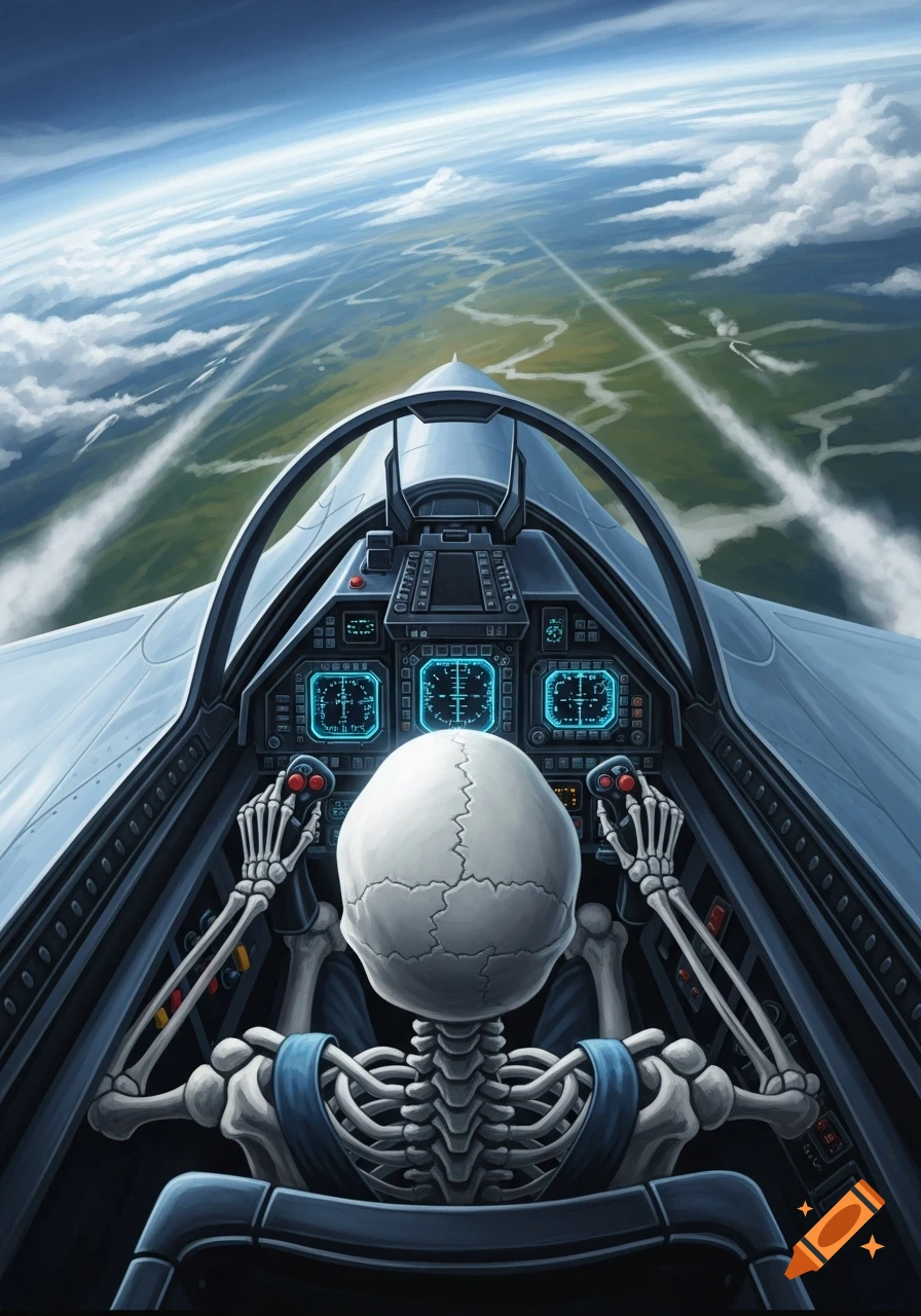 A skeleton pilots a fighter jet from a first-person perspective, flying high above a cloud-strewn green landscape.