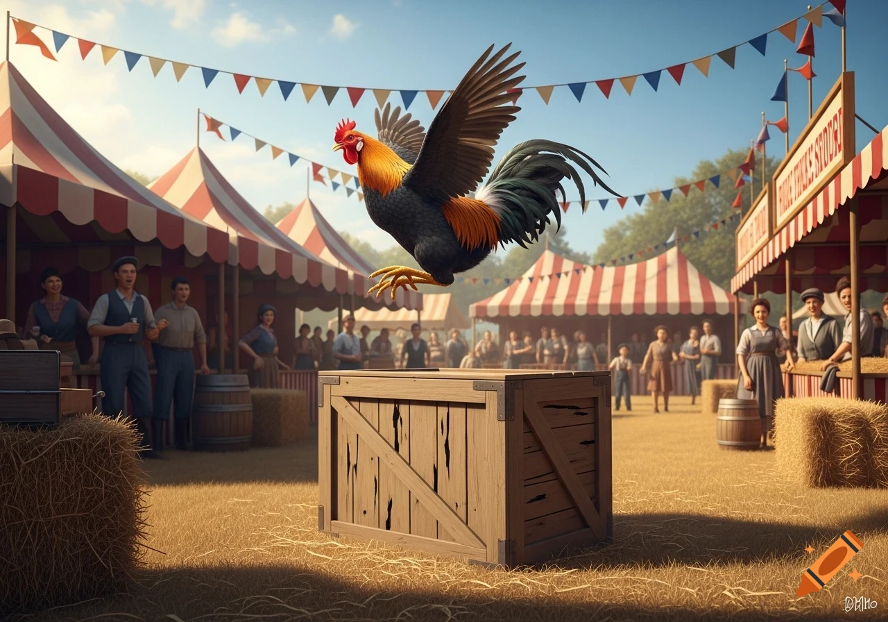 A colorful rooster with large wings jumps over a wooden crate at a vibrant carnival or fair, with striped tents and people in the background.