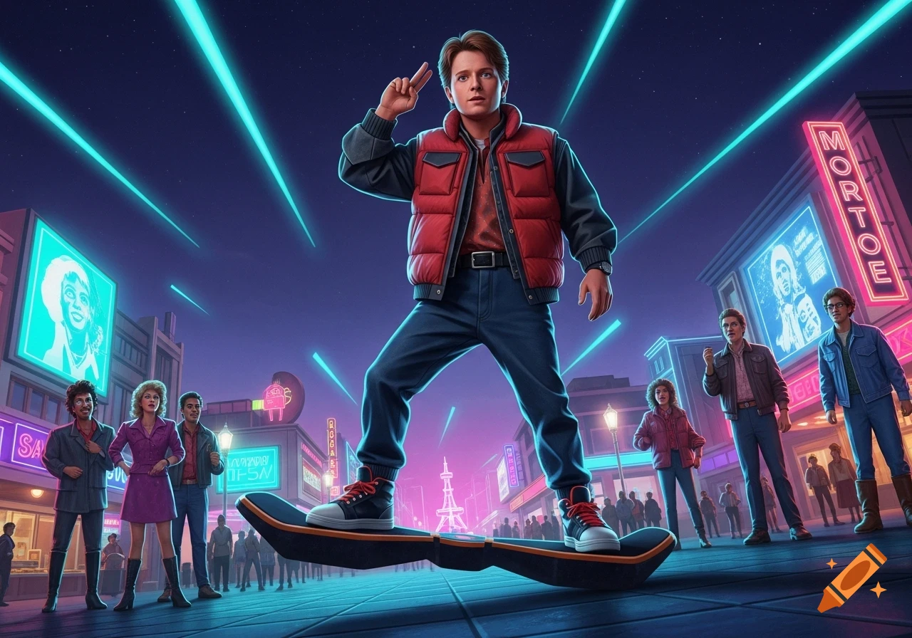 Marty McFly on a hoverboard in a neon-lit retro-futuristic city, with other characters, making a peace sign.