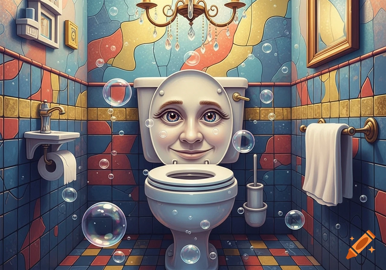 A whimsical, colorful bathroom with a toilet featuring a smiling human face on its tank, surrounded by floating bubbles.