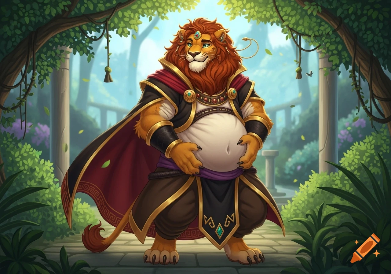 A rotund anthropomorphic lion character, resembling Leona Kingscholar, rubs his belly while standing in a lush, green garden.