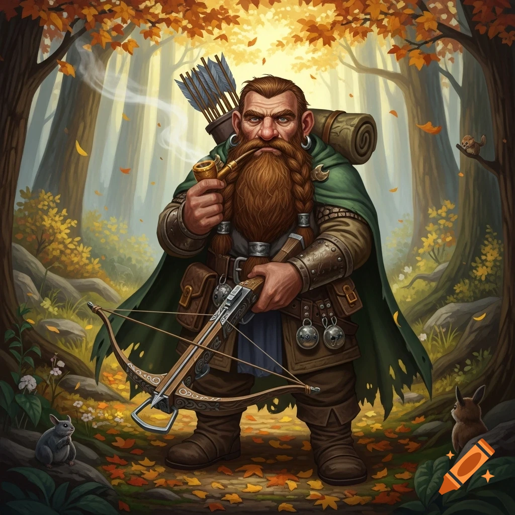 A detailed fantasy illustration of a traveling dwarf with a braided beard, smoking a pipe and holding a crossbow in an autumn forest.