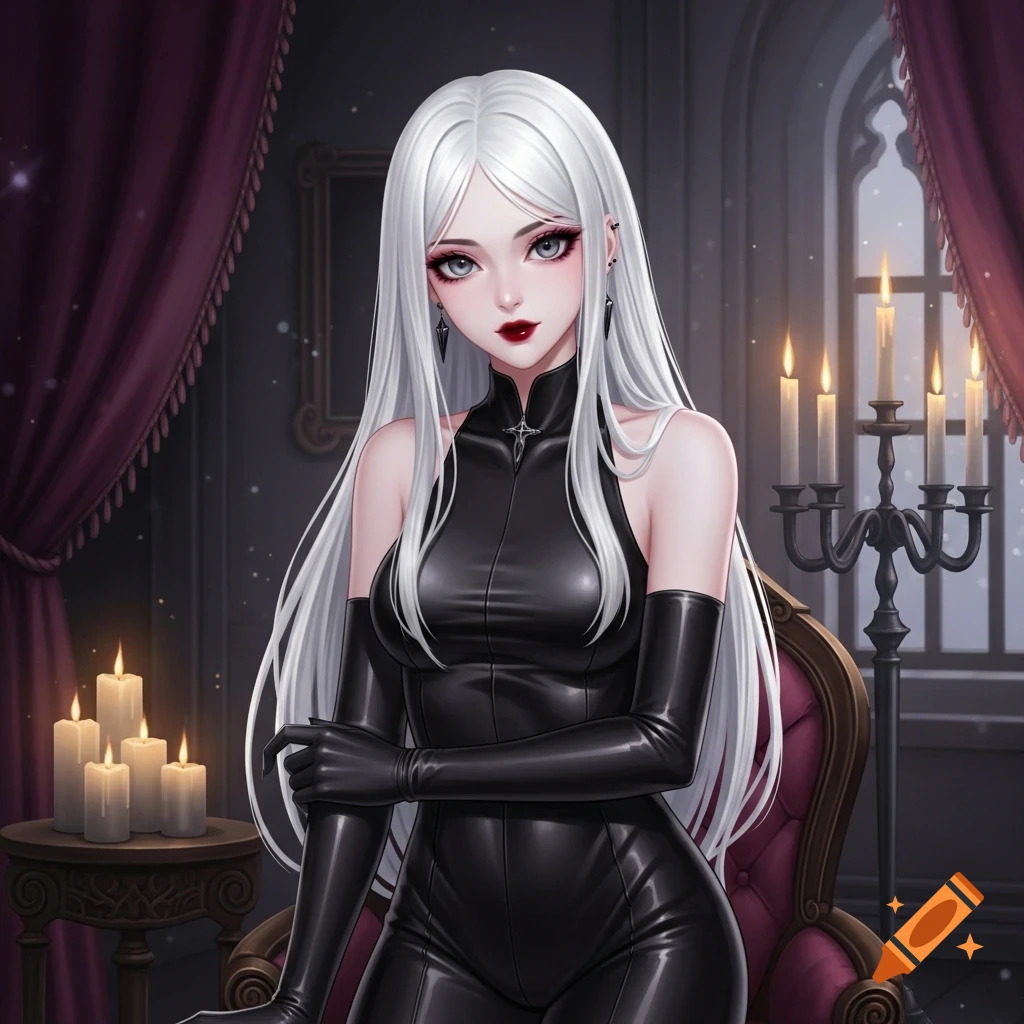 An anime goth girl with long white hair, red lips, and a black leather outfit sits in a dimly lit Gothic room with candles.