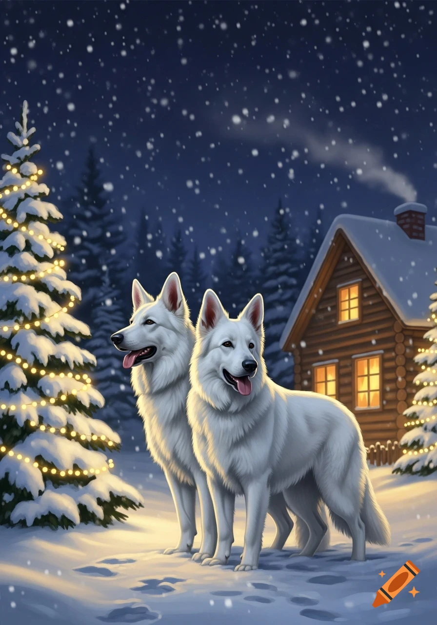 Two white dogs stand in a snowy winter night scene with a decorated Christmas tree and a log cabin in the background.