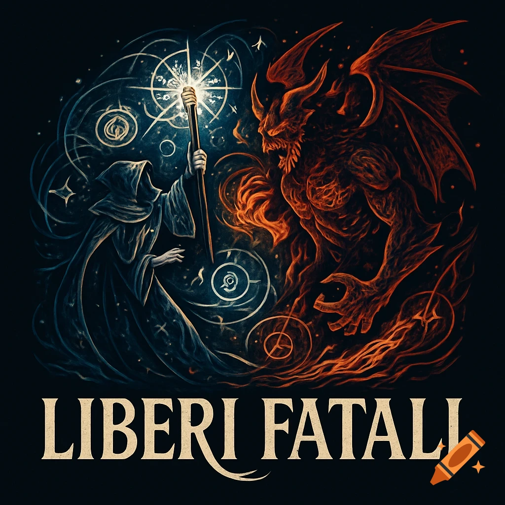 Dark fantasy art of a robed wizard and a fiery winged demon separated by glowing magic symbols, with text 'LIBERI FATALI'.