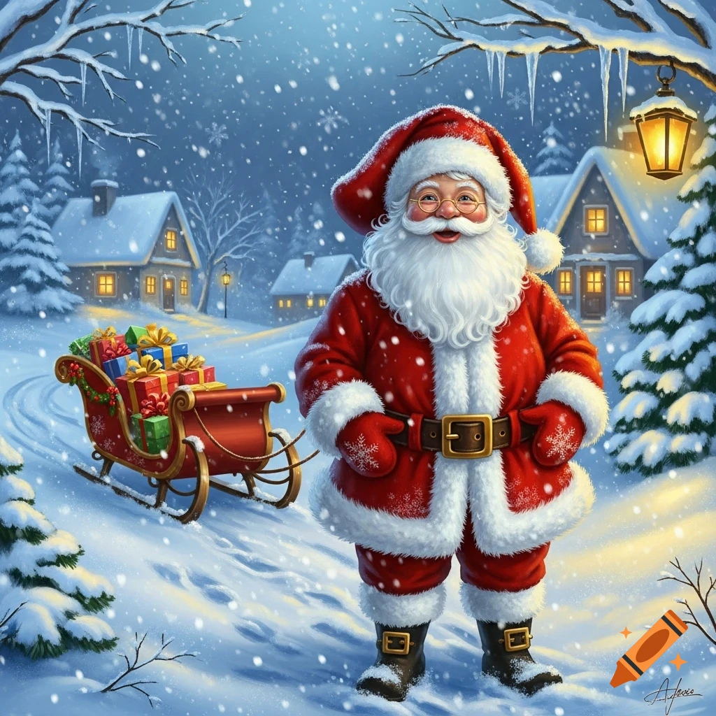 Smiling Santa Claus in a red suit stands in a snowy village with a sleigh full of gifts.