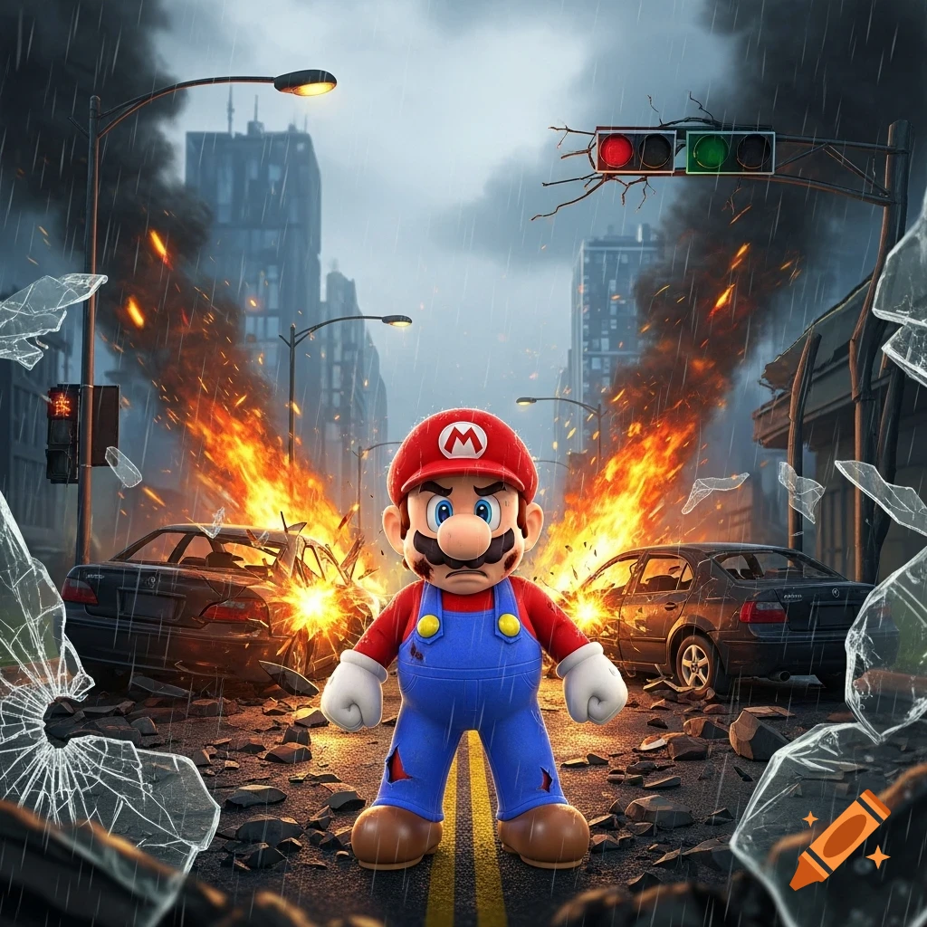 Distraught Mario stands in a destroyed, burning city street with crashed cars and broken glass.