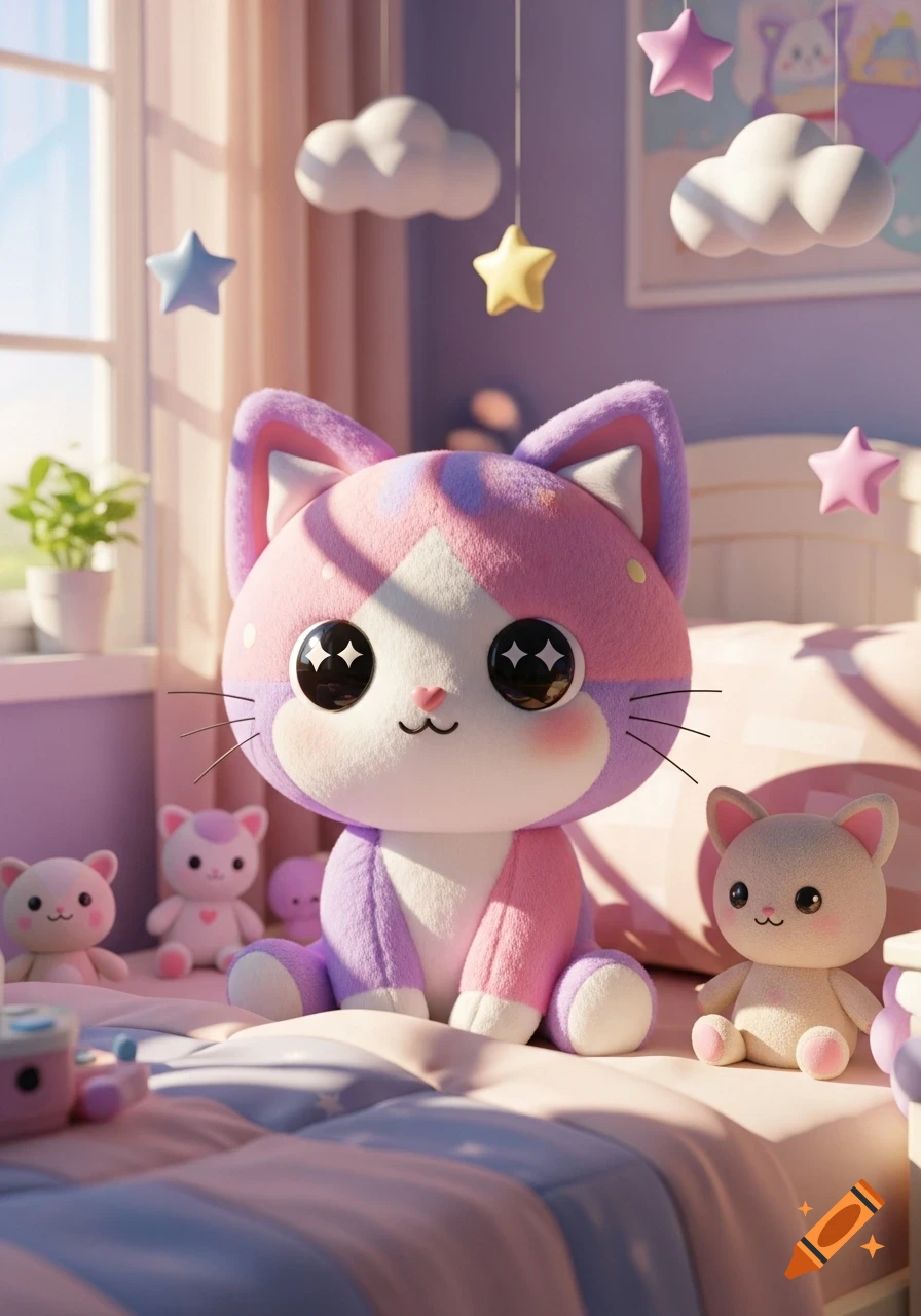 A large, cute pink and purple cat plush toy sits on a bed in a pastel room, with smaller cat toys and hanging stars and clouds.