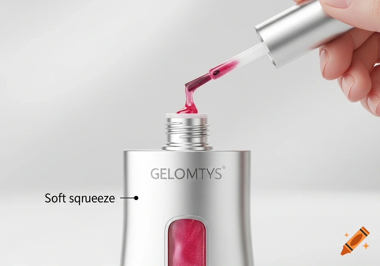 A hand uses a nail polish brush to extract pink glitter gel from a silver GELOMTYS bottle, labeled 'Soft squeeze'.