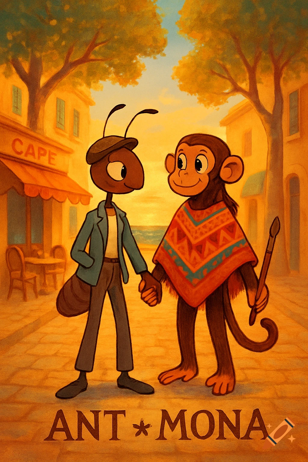 A cartoon ant in a blazer and a monkey in a poncho hold hands on a boulevard at sunset, with a cafe and the sea.