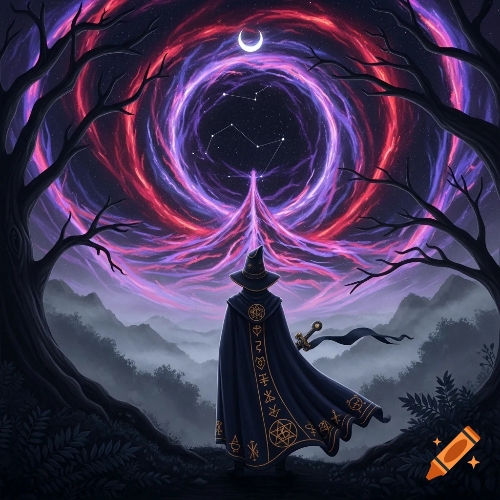 A wizard in a dark, patterned cloak stands with their back to the viewer, looking at a vibrant, swirling cosmic vortex with a crescent moon in a dark fantasy landscape.