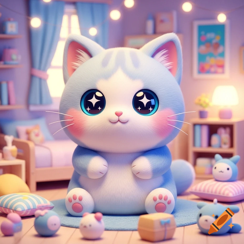 A fluffy, light blue and white kawaii cat plushie with sparkling blue eyes sits in a pastel bedroom decorated with string lights.