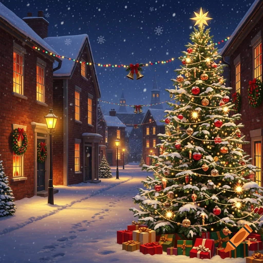 A snowy town street at night with a large decorated Christmas tree, glowing lampposts, and festive lights on brick buildings.