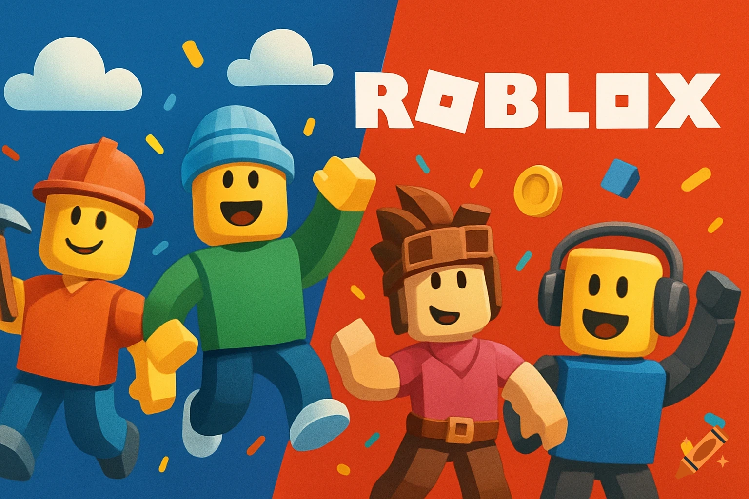 Four cartoon Roblox characters on a split blue and red background with the 'ROBLOX' logo and confetti.