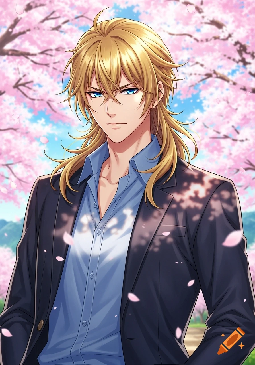 A blonde anime man with blue eyes, wearing a dark suit jacket and a blue shirt, stands under pink cherry blossoms.