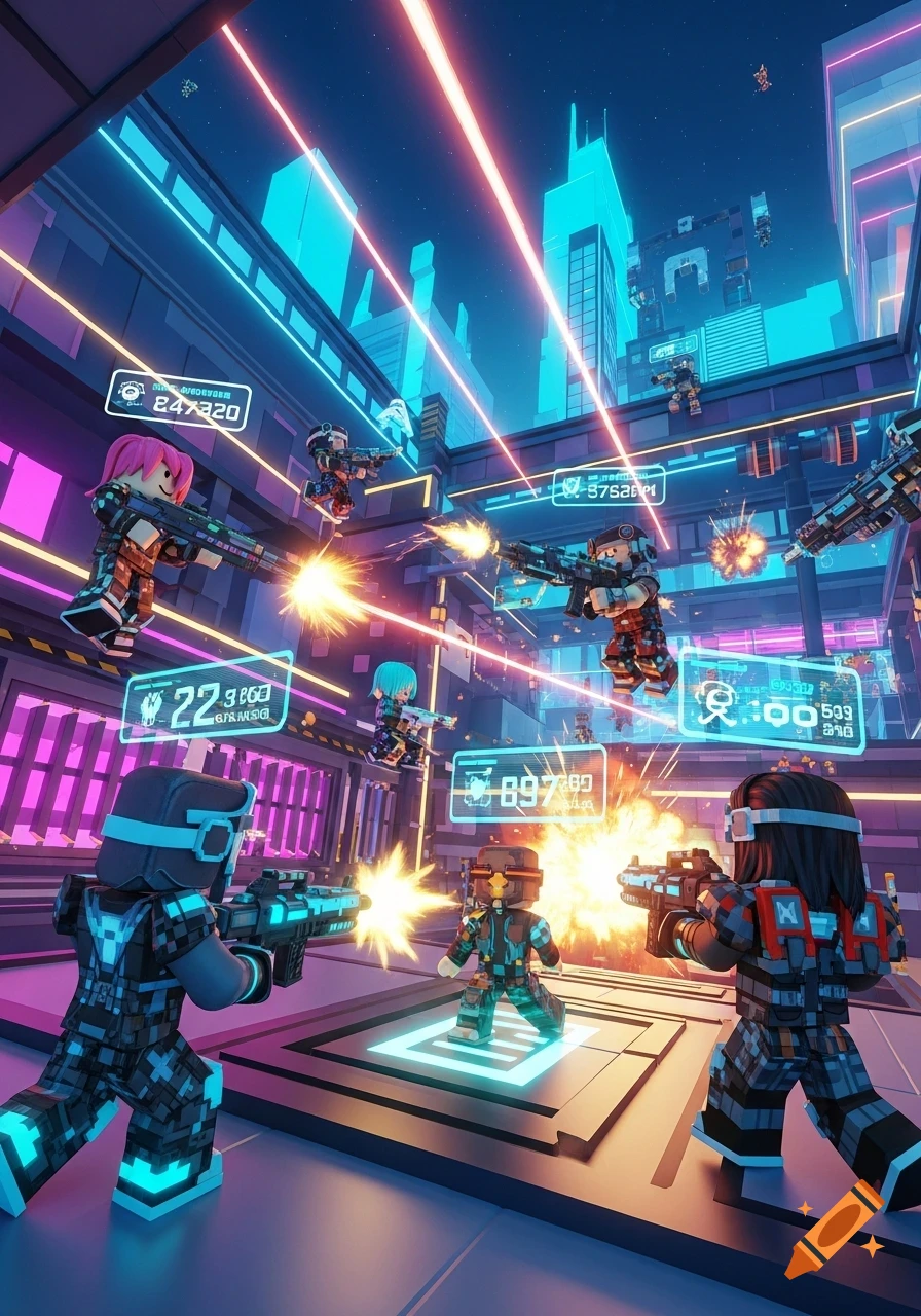 Blocky characters in a neon-lit futuristic city engage in a shooting game with laser beams and explosions, Roblox style.