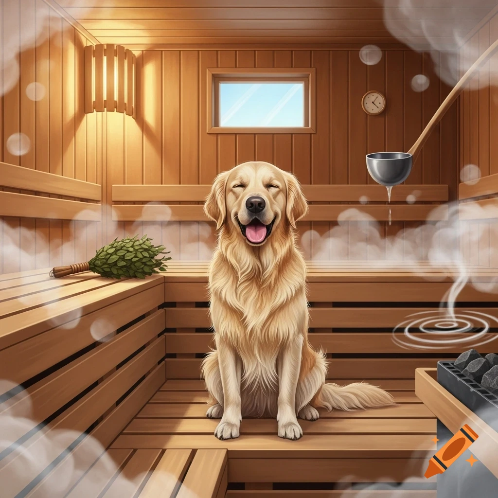 A happy golden retriever sits on a wooden bench in a steamy sauna, with a window and a sauna bucket visible.