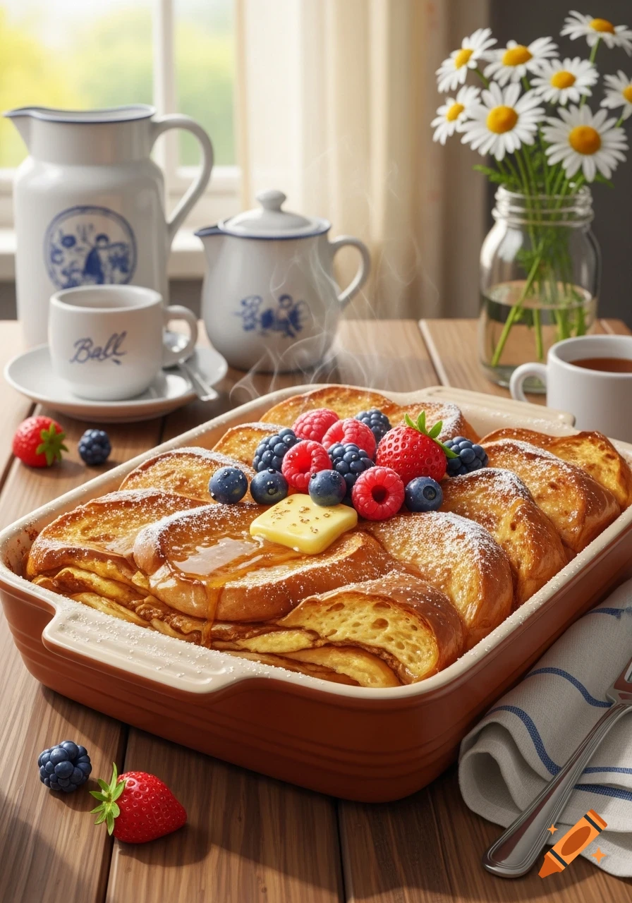 A steaming french toast casserole with berries, butter, and syrup, next to a pitcher and cup on a wooden table, with flowers in the background.