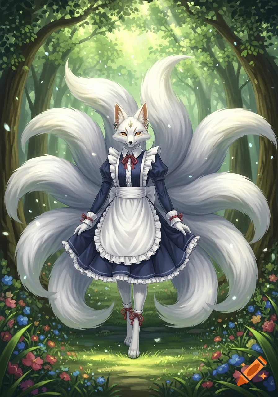 A nine-tailed white kitsune in a dark blue maid uniform stands in a lush, magical forest with colorful flowers.