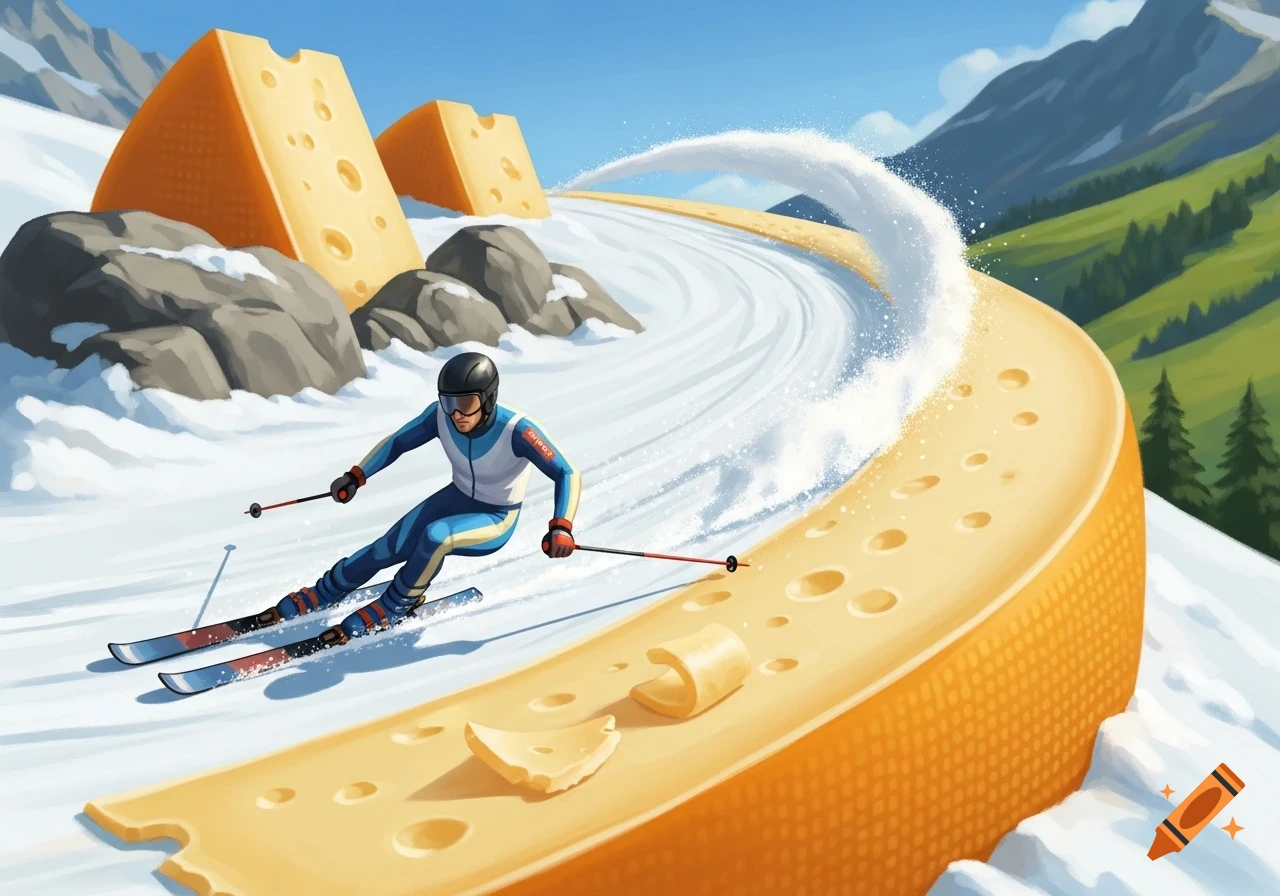 A skier carves a turn on a giant, holled cheese wheel acting as a ski slope, with snowy mountains and more cheese in the background.