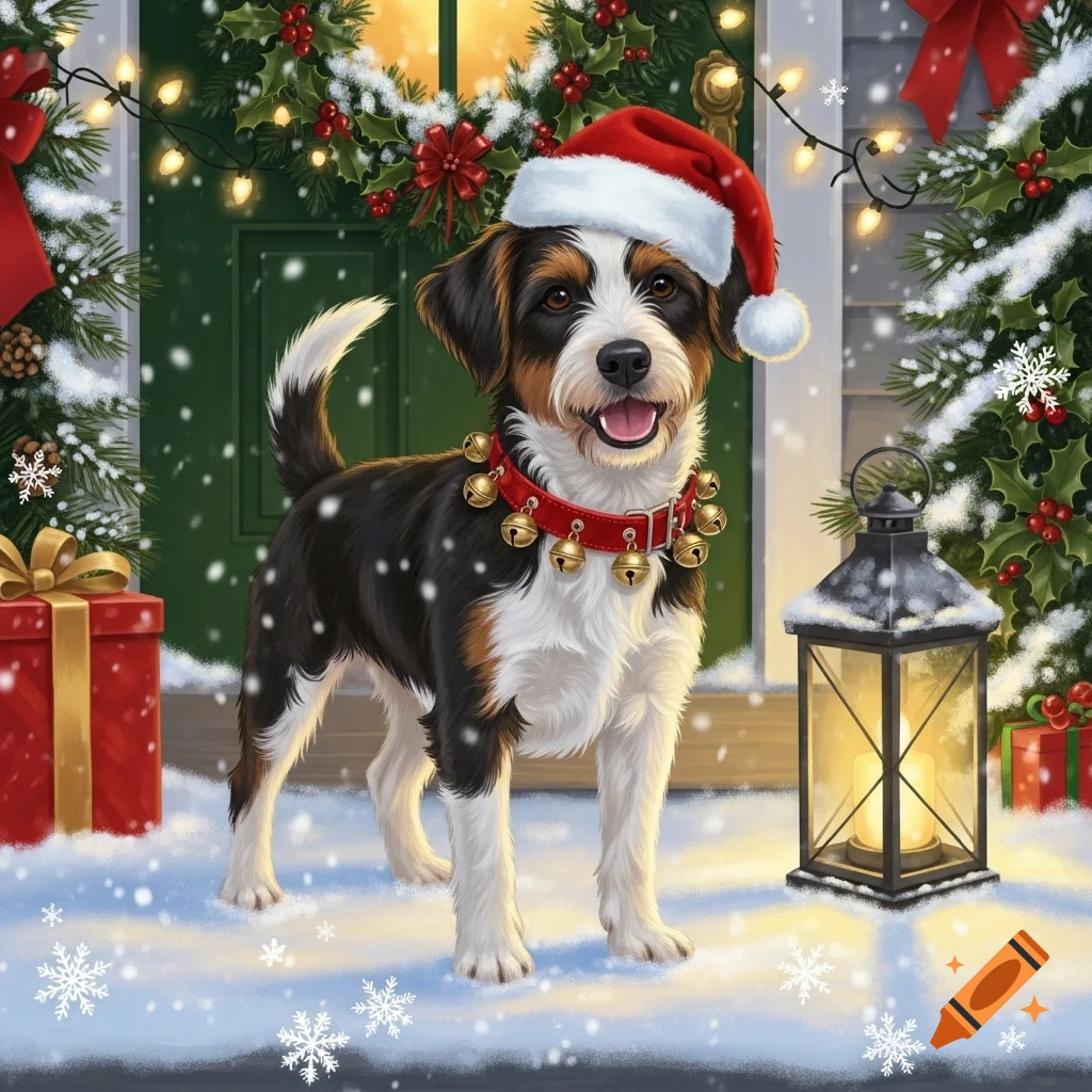 A festive dog wearing a Santa hat and jingle bell collar stands in snow ...