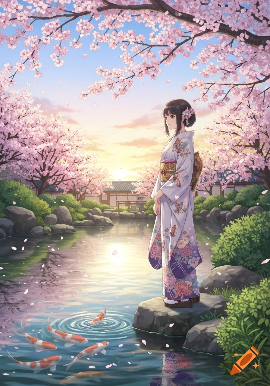 An anime girl in a kimono stands by a koi pond under blooming cherry blossom trees at sunset, with traditional Japanese buildings in the background.