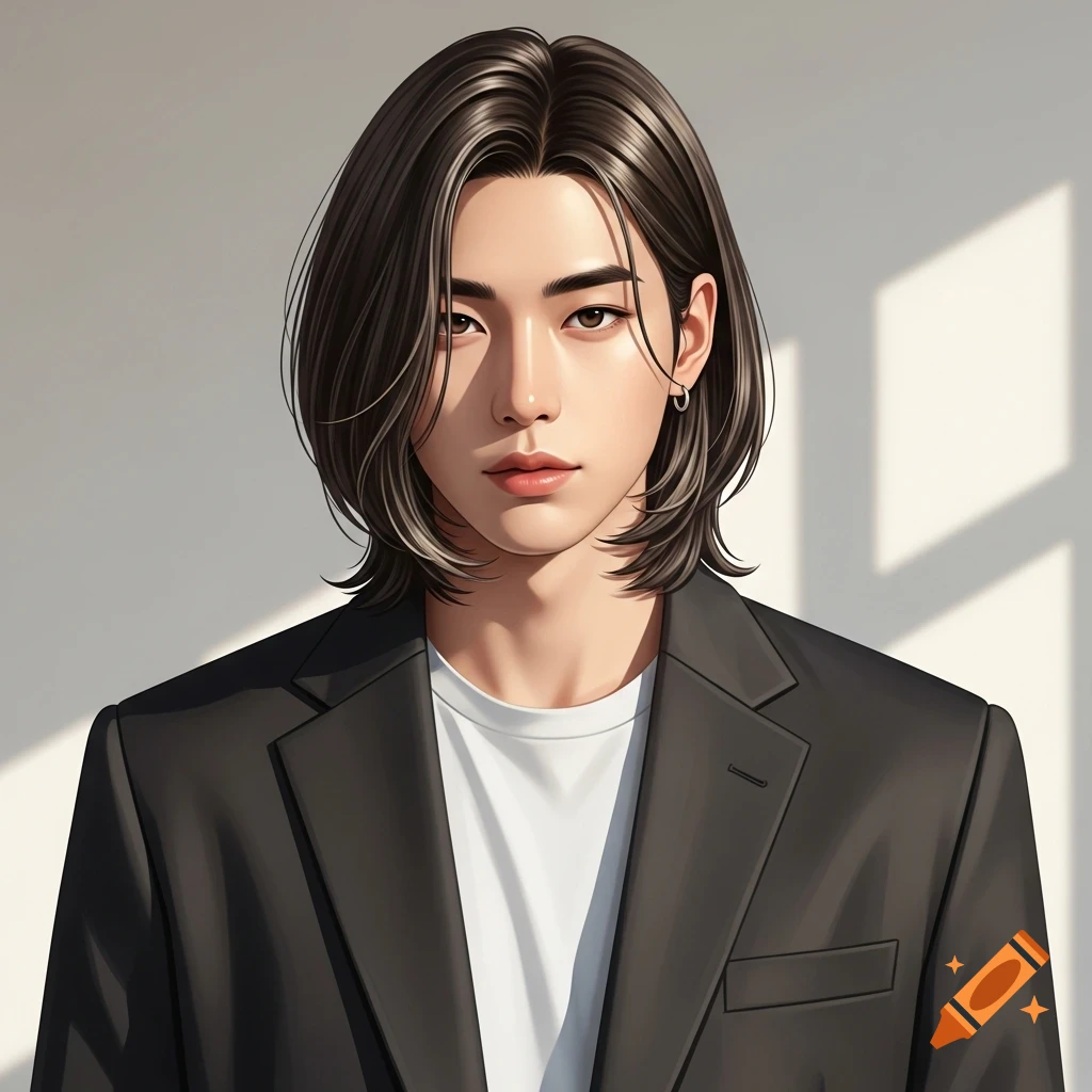 Digital art portrait of a young Korean man with long dark bob hair, wearing a black blazer and white t-shirt.