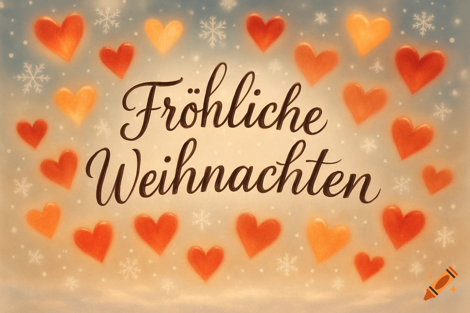 A Christmas greeting card with "Fröhliche Weihnachten" in script, surrounded by glowing red and orange hearts and snowflakes.