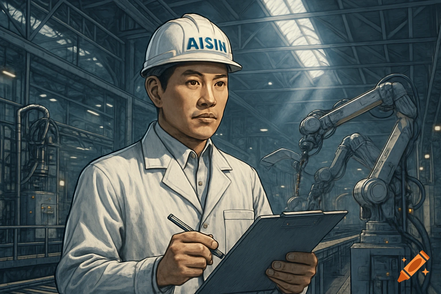 Illustrative portrait of an Asian male engineer in a factory, wearing an AISIN hard hat, holding a clipboard and pen with robotic arms in the background.