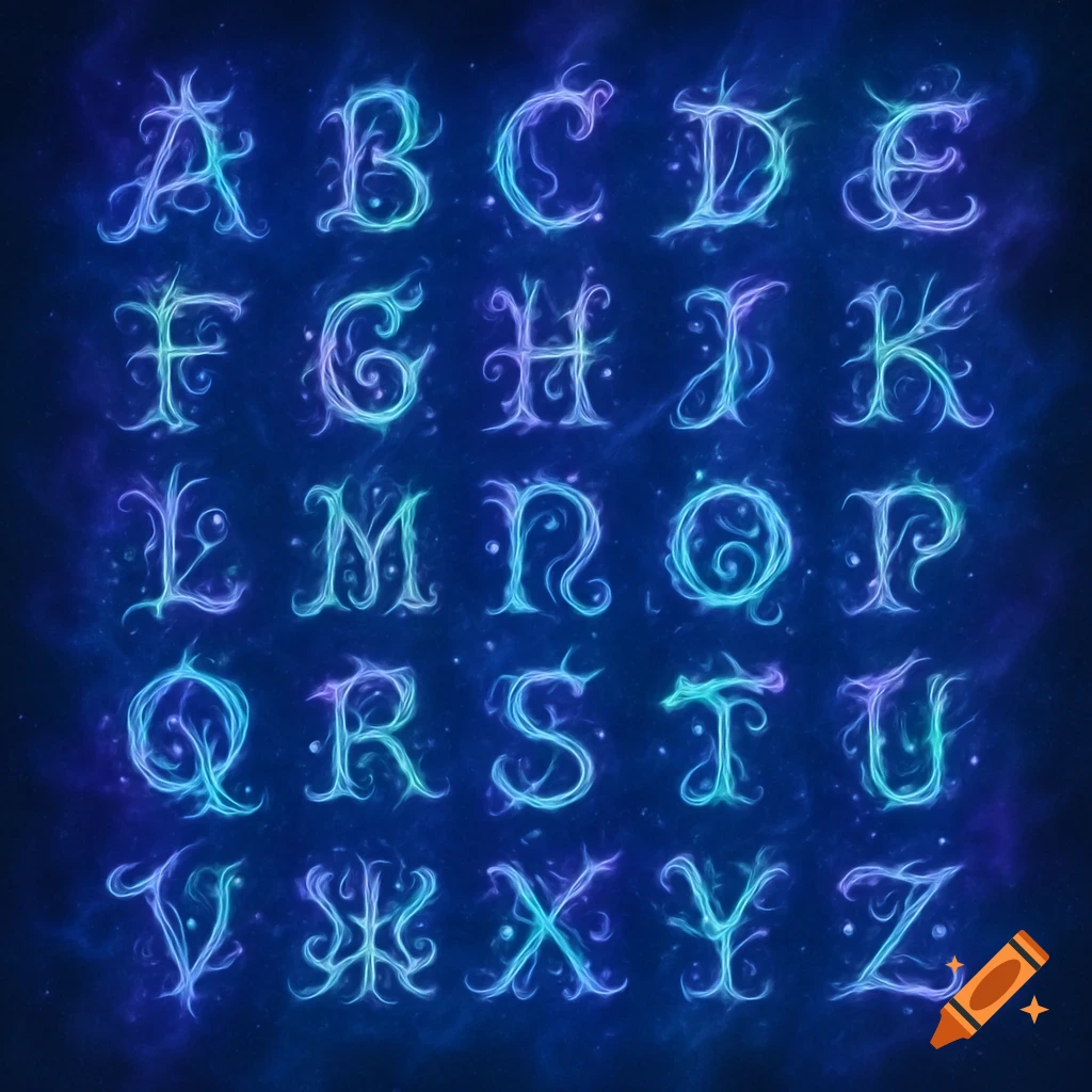 Glowing blue and purple ethereal alphabet letters A-Z on a dark, star-like background.