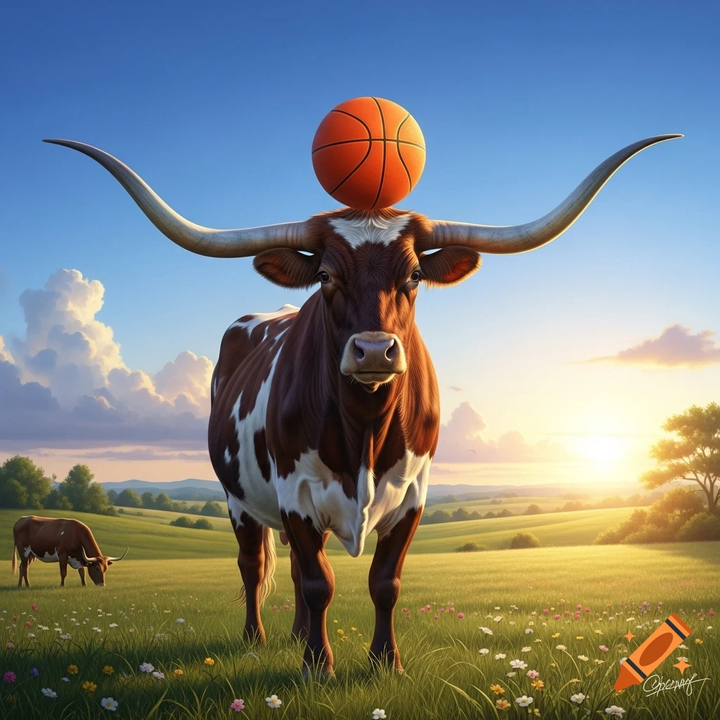 A photorealistic longhorn cow balances a basketball on its head in a sunny, grassy field with wildflowers, under a blue sky.
