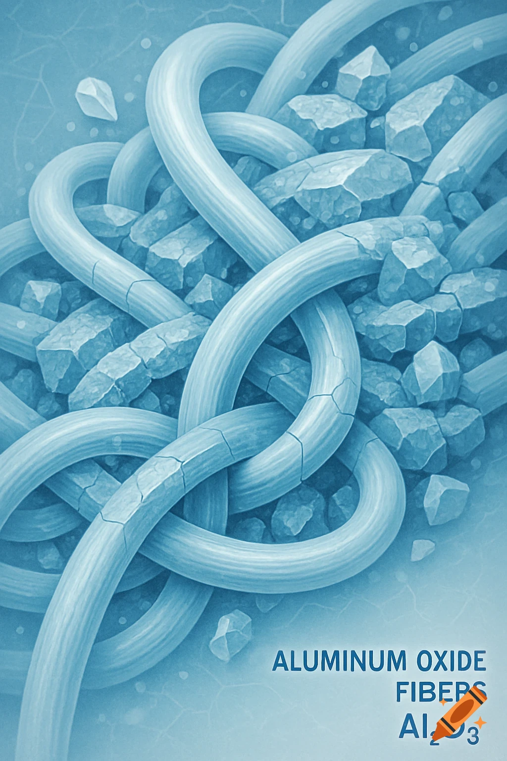 Intertwined blue aluminum oxide fibers and crystalline compounds with 'ALUMINUM OXIDE FIBERS Al ₂O₃' text, rendered in a scientific 3D style.