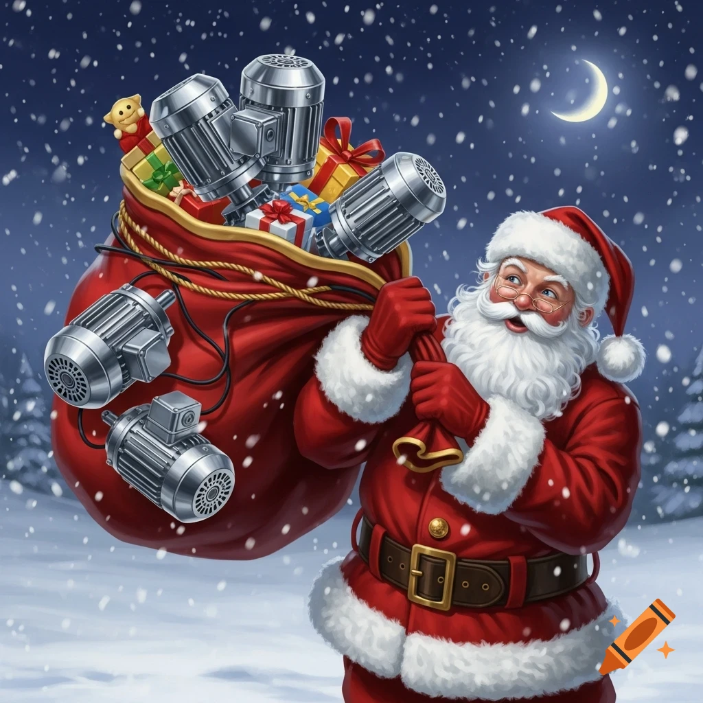 Santa Claus carries a sack filled with electric motors and gifts through a snowy landscape under a crescent moon.