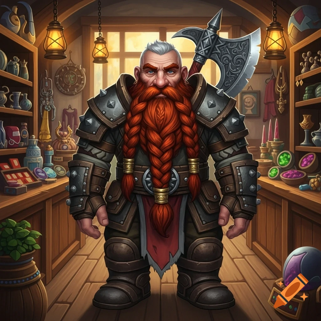 An older fantasy dwarf with a long braided red beard, studded armor, and a great axe, standing in a general store.