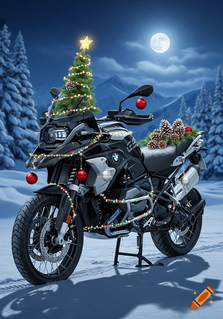 Black BMW R1250GS motorcycle decorated with Christmas lights, a tree, and ornaments, parked in a snowy mountain landscape under a full moon.