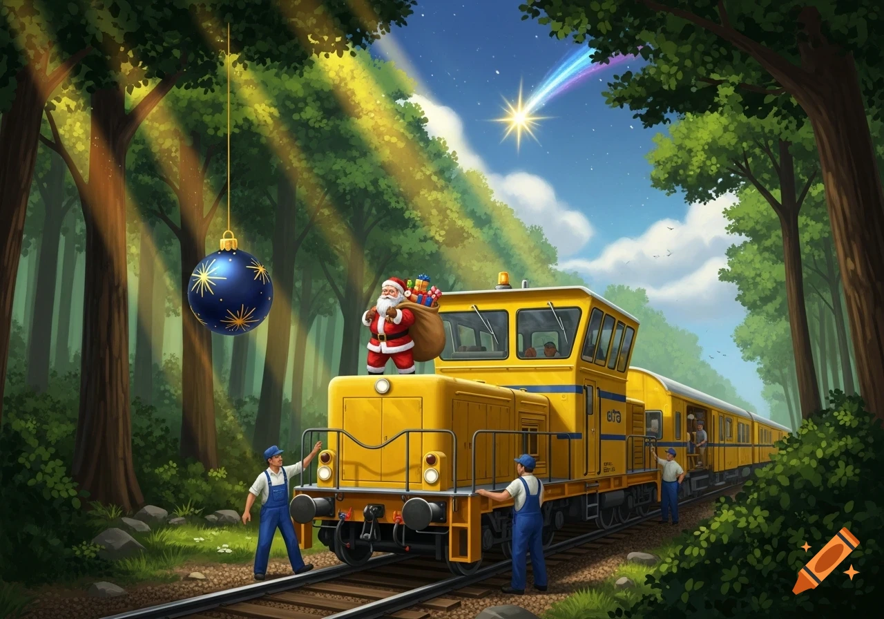 Santa Claus stands on a yellow train in a sun-dappled forest, holding a sack of gifts, while workers tend to the tracks. A large blue ornament hangs from a tree, and a shooting star arcs across the bright blue sky.