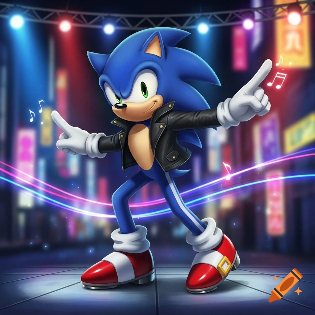 Sonic the Hedgehog wearing a black leather jacket, white gloves, and red and white sneakers, dancing on a stage with neon lights and musical notes.