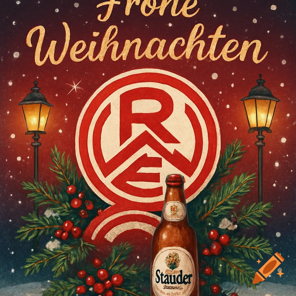 A festive Christmas illustration with the red and white Rot-Weiss Essen club logo against a snowy red sky, flanked by two glowing lampposts, with a Stauder beer bottle amidst pine branches and red berries, and "Frohe Weihnachten" at the top.