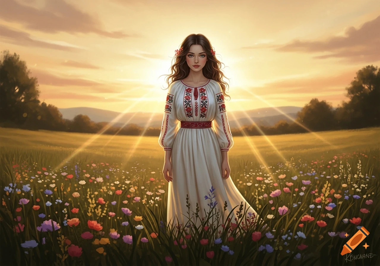A young woman in a white embroidered traditional dress stands in a wildflower field at sunset, bathed in golden light. Digital painting.